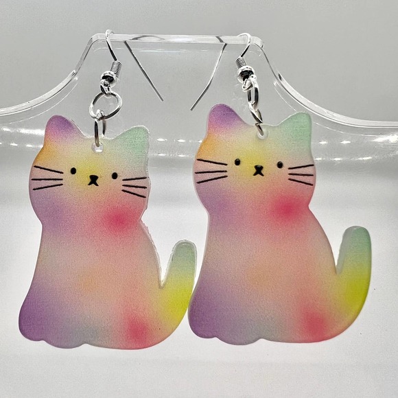 Tye Dye Kitty Cat Earrings - Pastel Earrings - Kitten Earrings - Picture 7 of 10